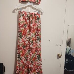 SHEIN Floral Wide Leg Pants - Red and Green